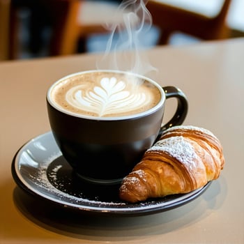 latte in a cup with a pastry on the side with light steam coming upp